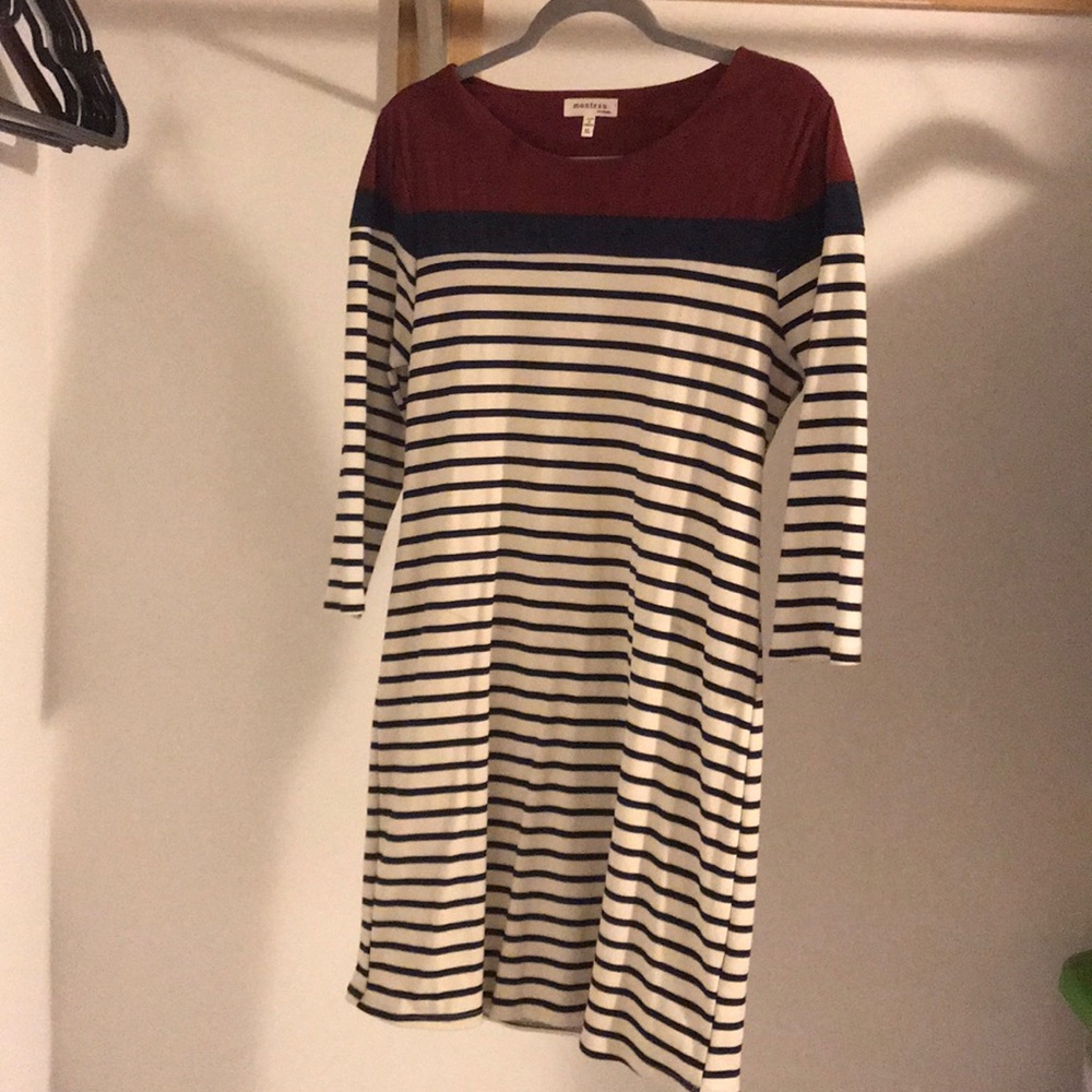 Stripped dress, faux suede upper, navy and white
